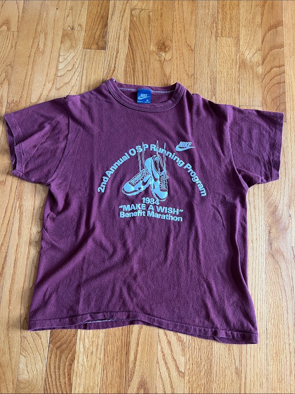 Nike Unisex Burgundy Short-Sleeve Vintage 1984 'Make A Wish' Benefit Marathon T